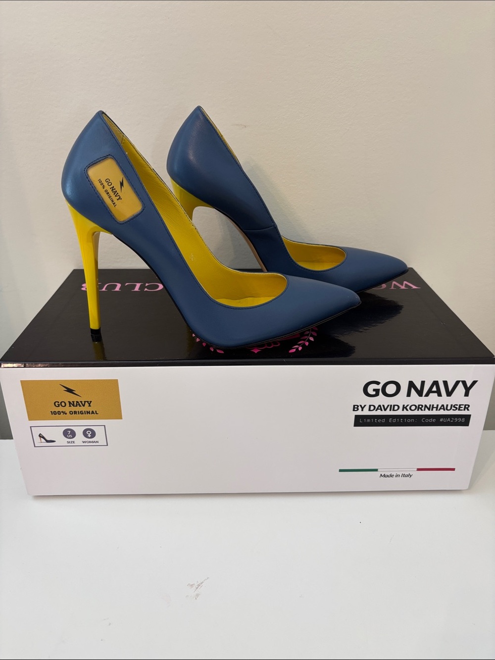 Navy Pointed Toe Stiletto Pumps with Yellow Heel